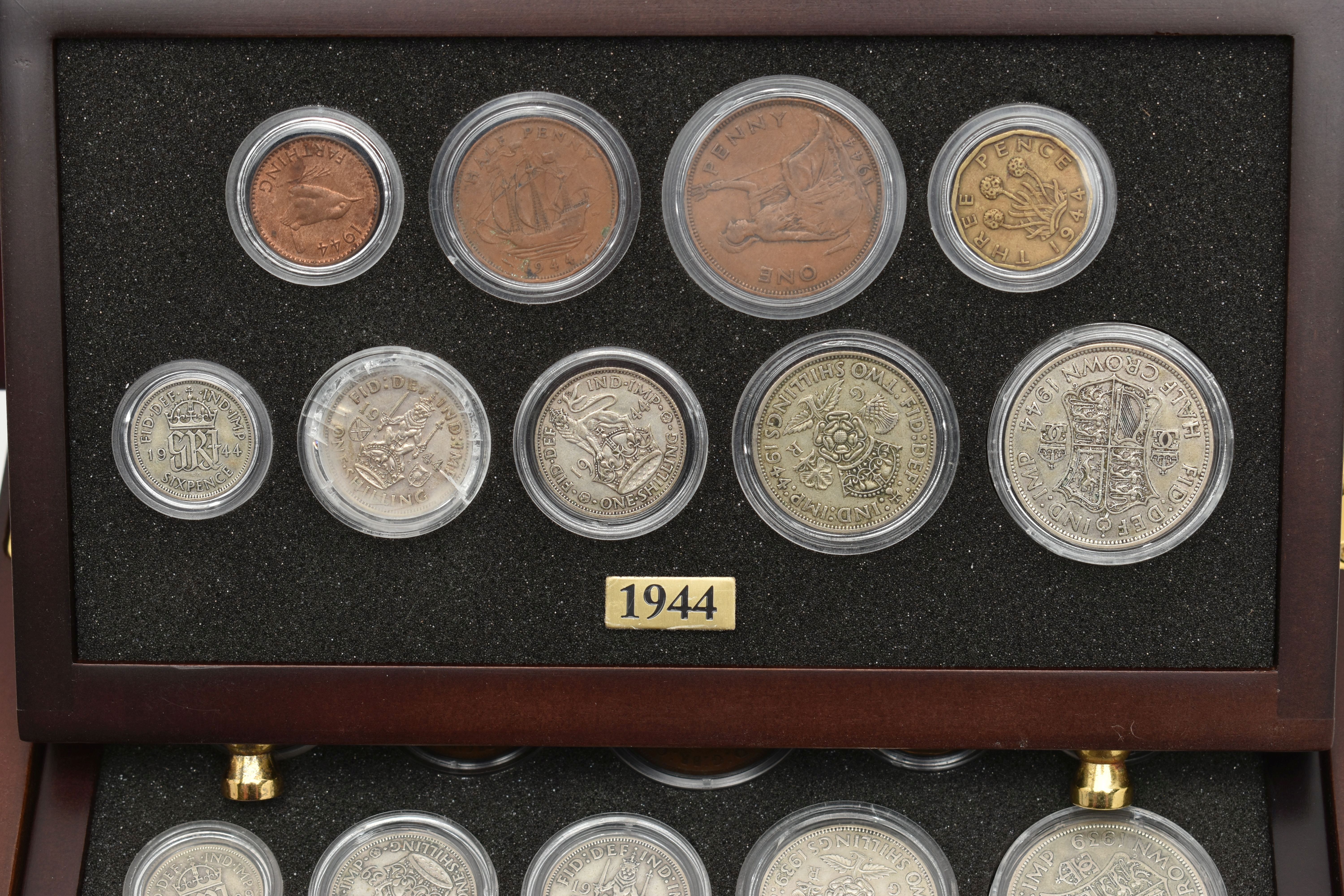 A SMALL WOODEN COIN CABINET, consisting of eight drawers seven containing UK coinage from 1939-1945, - Image 7 of 10