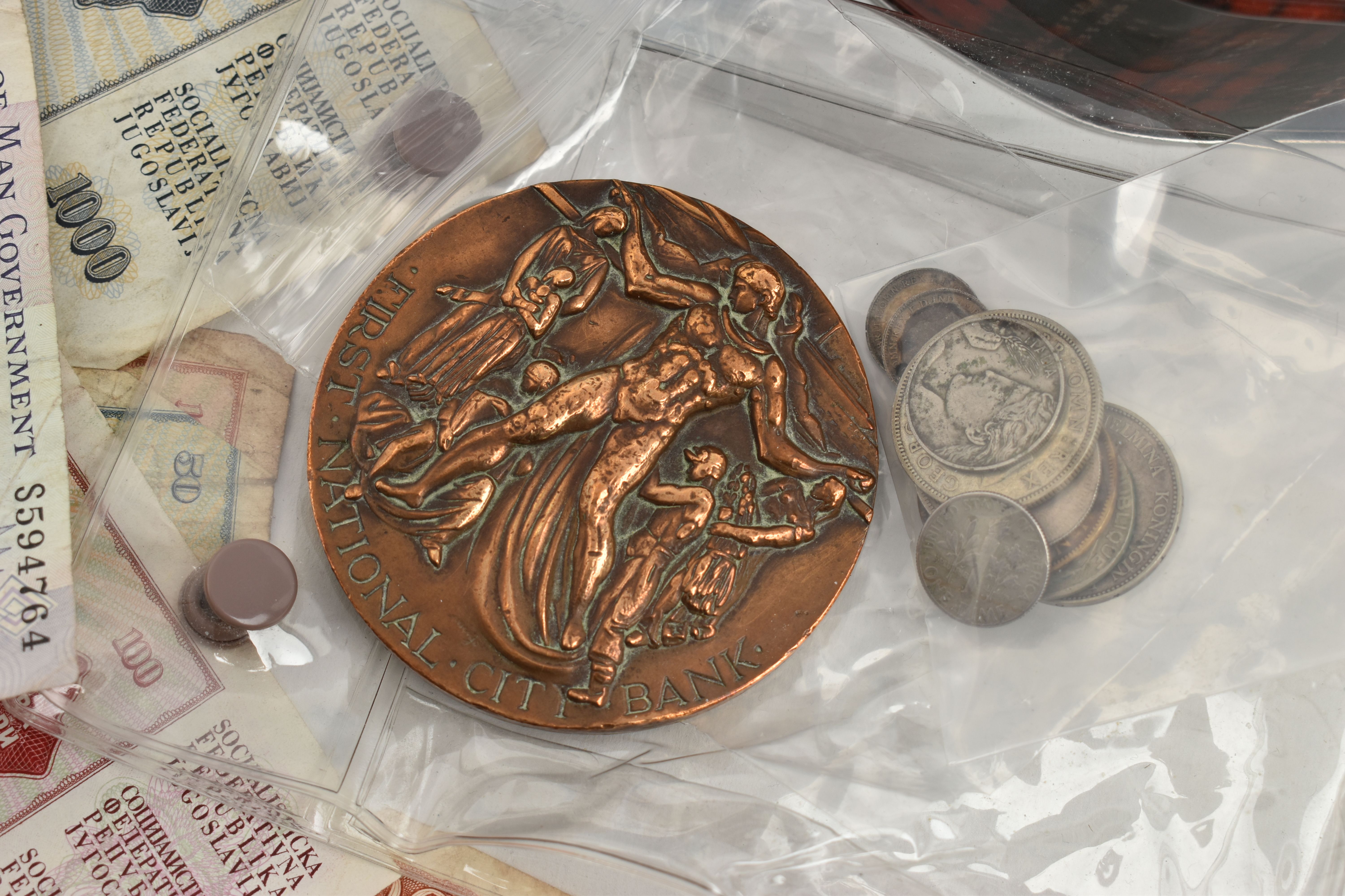 A HEAVY CARDBOARD BOX CONTAINING WORLD COINAGE, to include a rare First National City Bank NEW - Image 3 of 7
