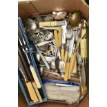 A BOX OF ASSORTED CUTLERY, to include a 'north Western Railway' tea spoon, stamped silver,