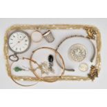 A SELECTION OF JEWELLERY AND COINS, to include a key wound, open face pocket watch, white Roman