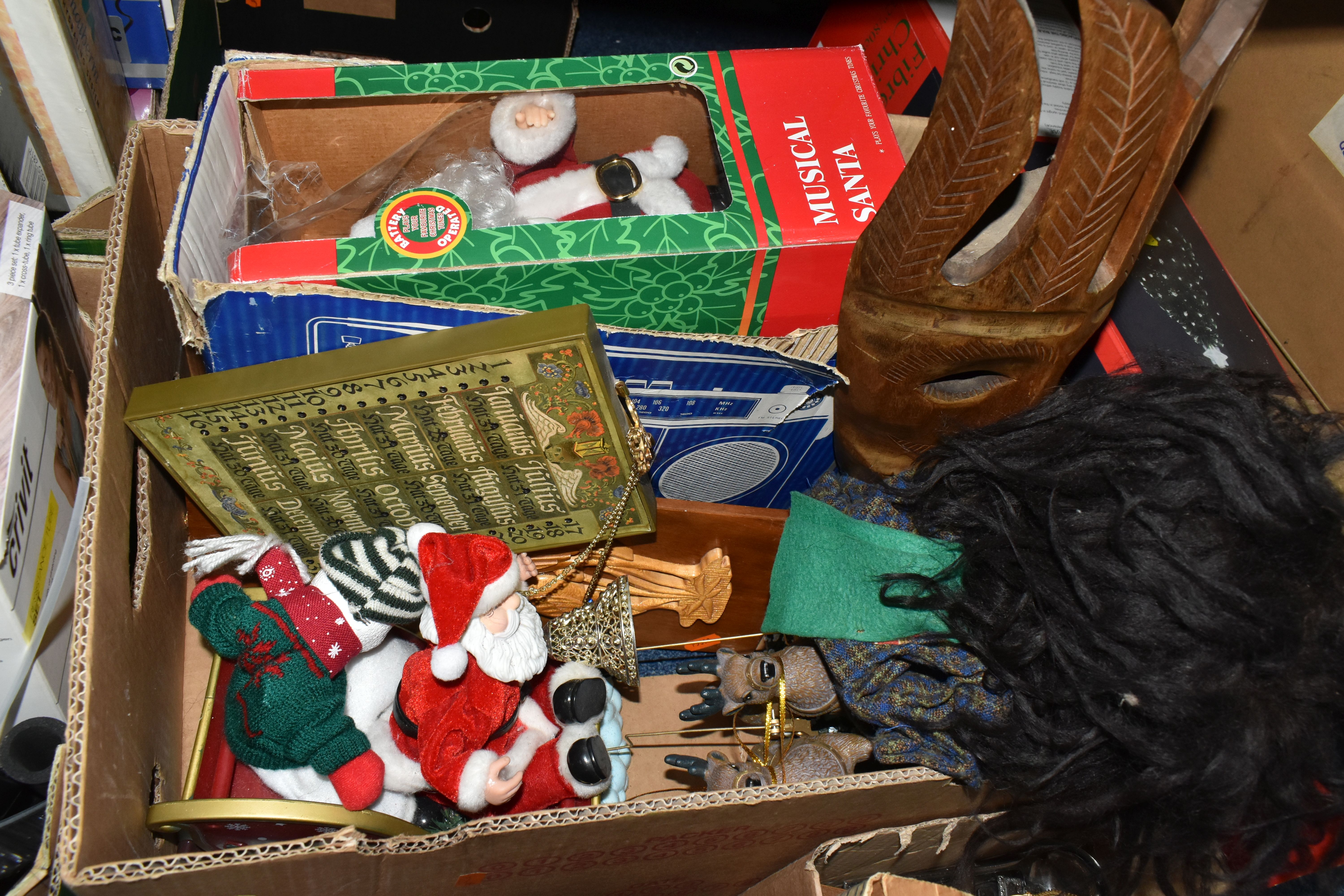 FIVE BOXES OF HOUSEHOLD EQUIPMENT, KNITTING NEEDLES, CHRISTMAS DECORATIONS, PELHAM HAND PUPPET, ETC, - Image 6 of 7
