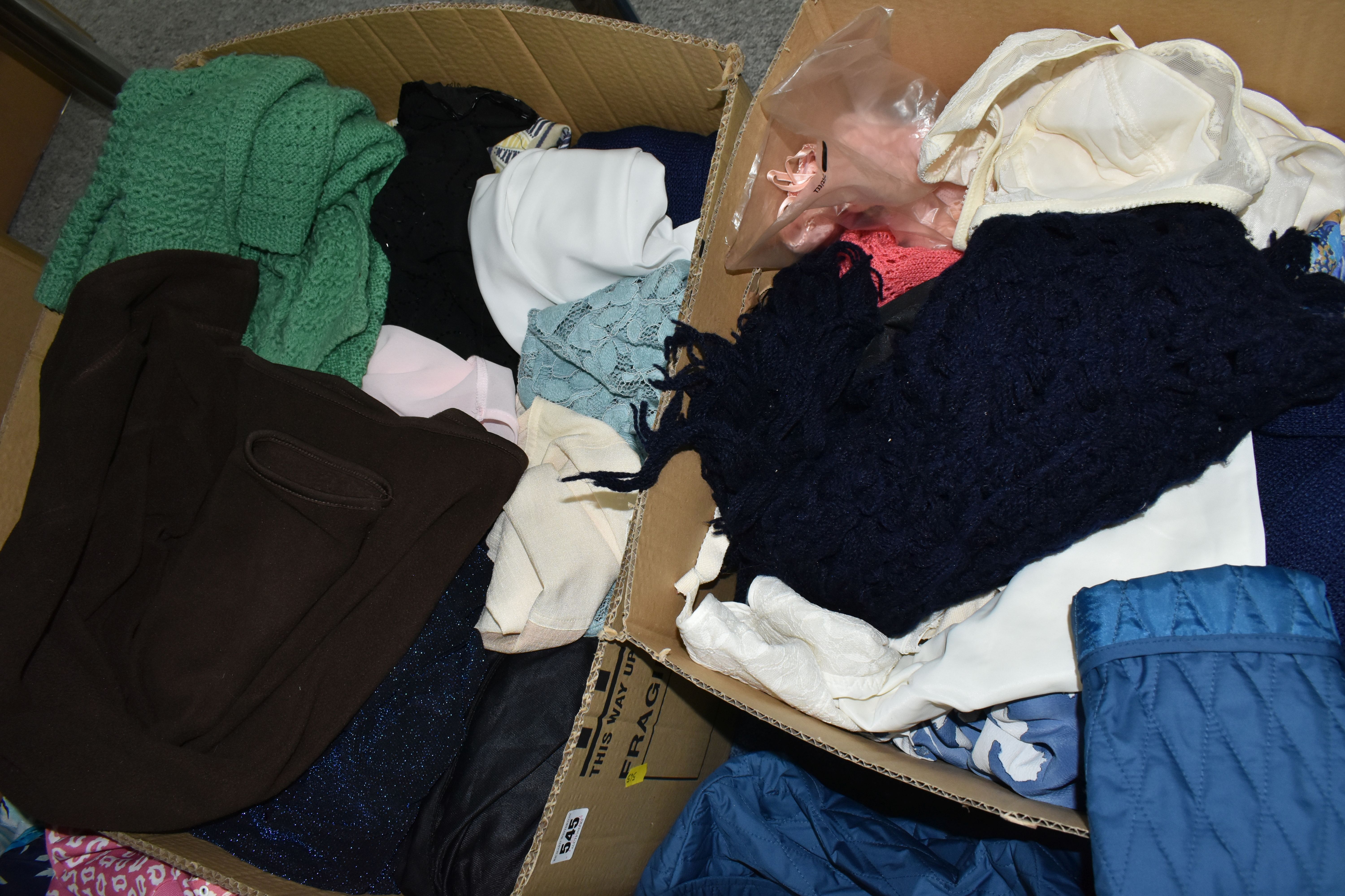 FIVE BOXES OF WOMEN'S VINTAGE CLOTHES including light jackets, skirts, nightwear from various high - Image 2 of 4