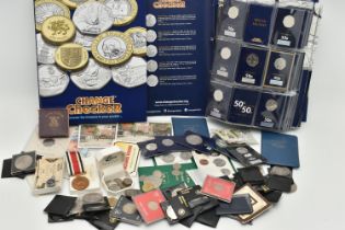 A LARGE CARDBOARD BOX CONTAINING TWO X CHANGE CHECKER COIN ALBUMS, one with approximately £20