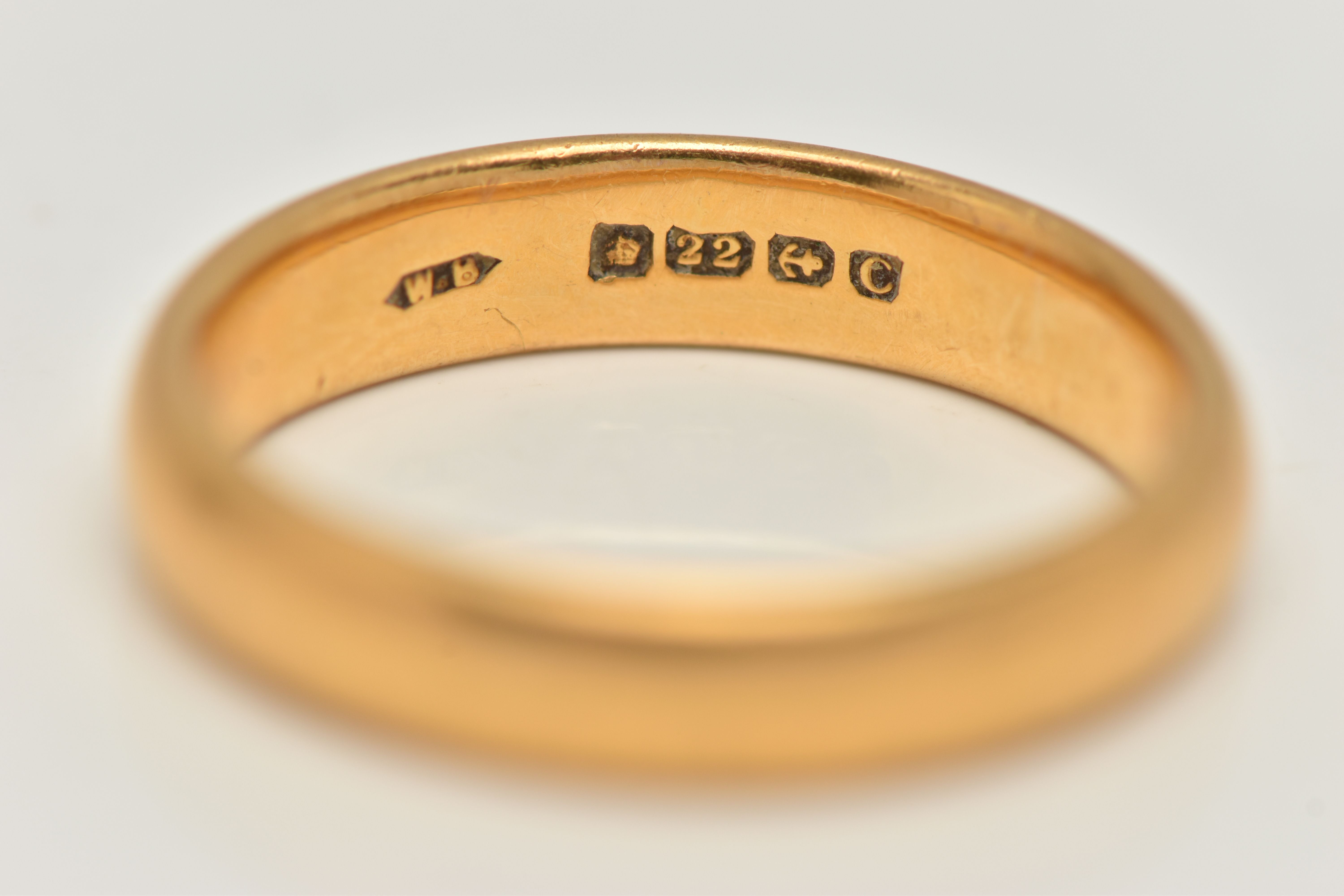 A 22CT GOLD BAND RING, polished band, approximate band width 4.4mm, hallmarked 22ct Birmingham, ring - Image 2 of 2