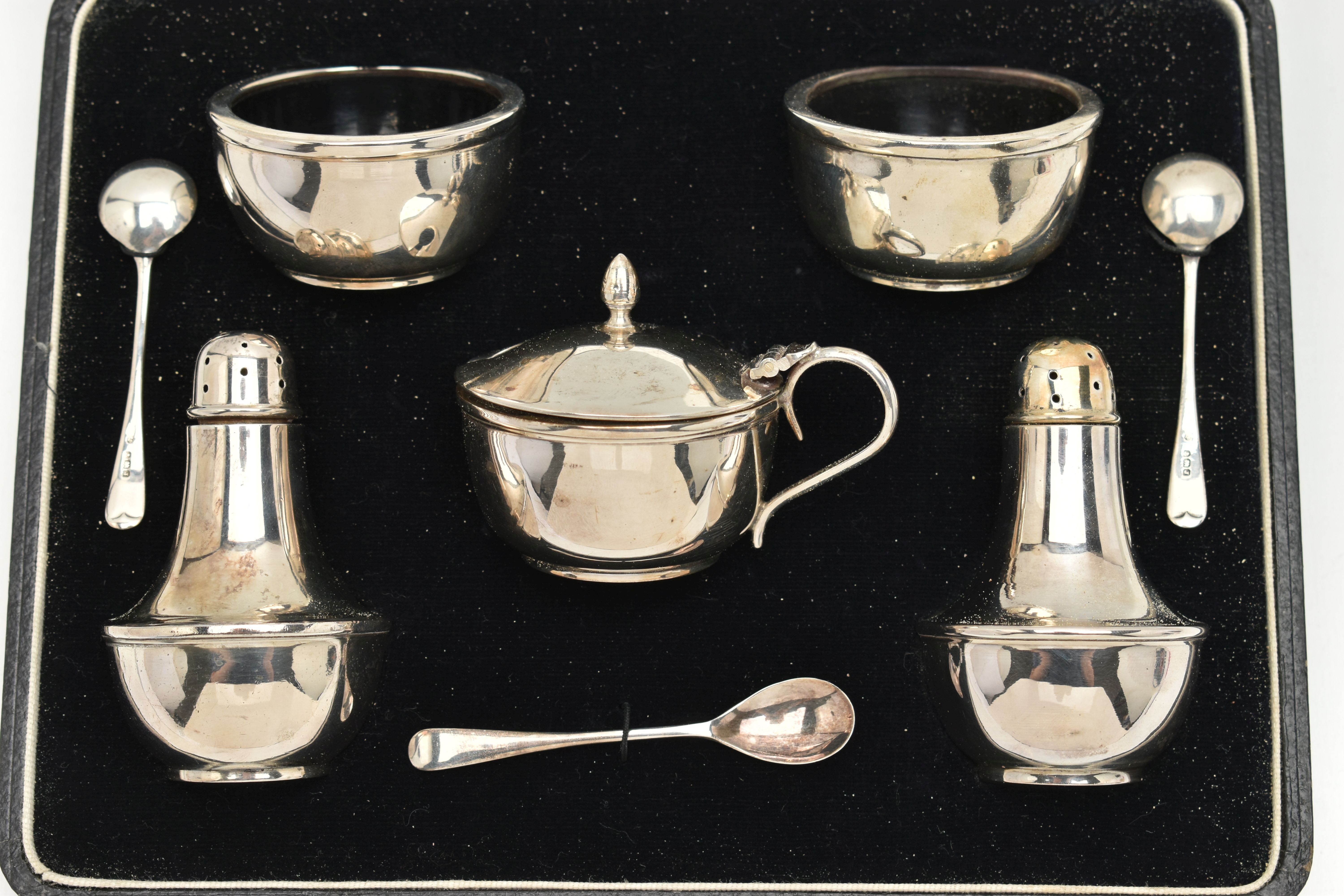 A CASED SILVER 'JOSEPH GLOSTER' CRUET SET, complete with two salts, two pepperettes, a mustard - Image 2 of 4