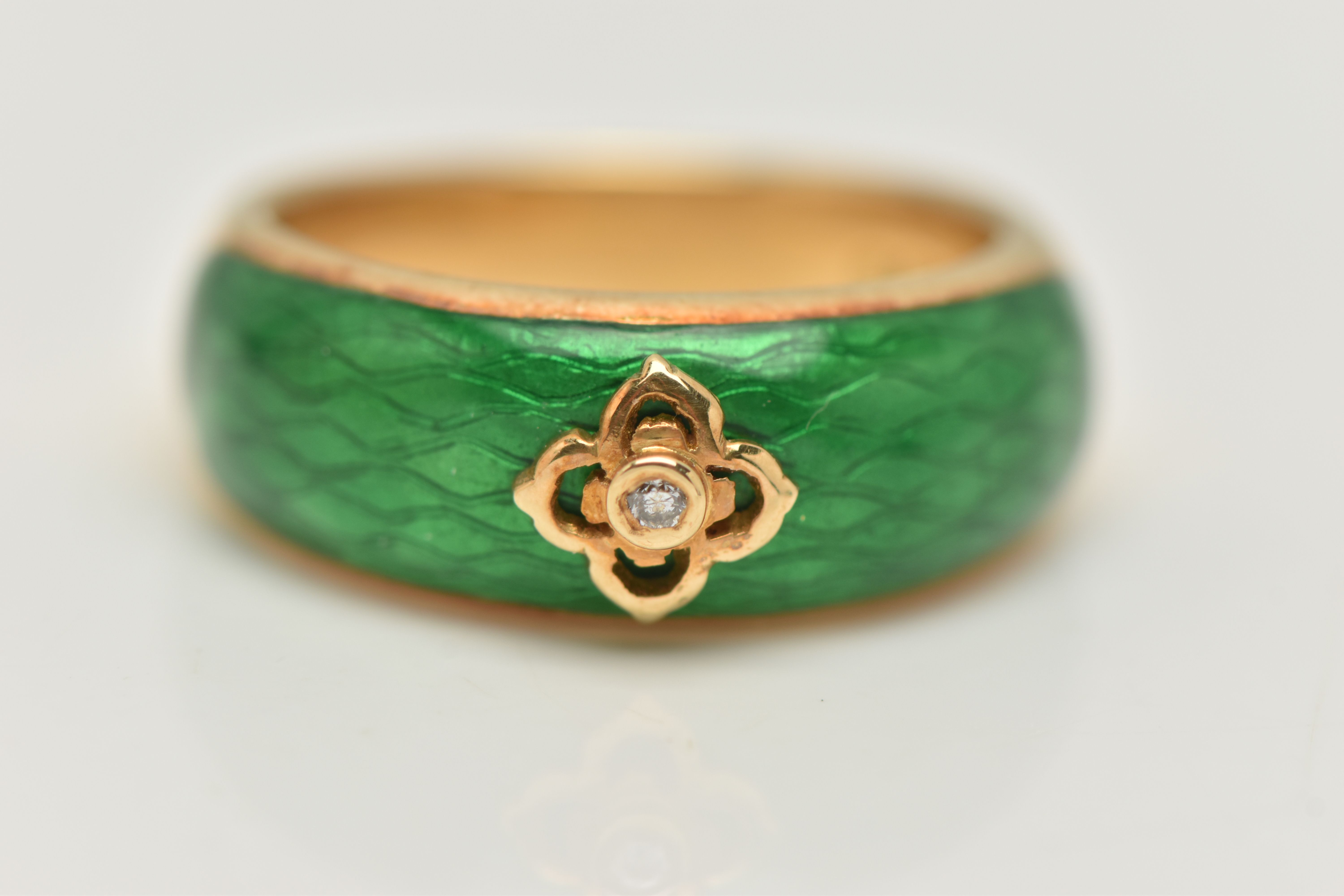 AN 18CT GOLD ENAMEL AND DIAMOND RING, the tapered band with green enamel to the front, a - Image 5 of 6
