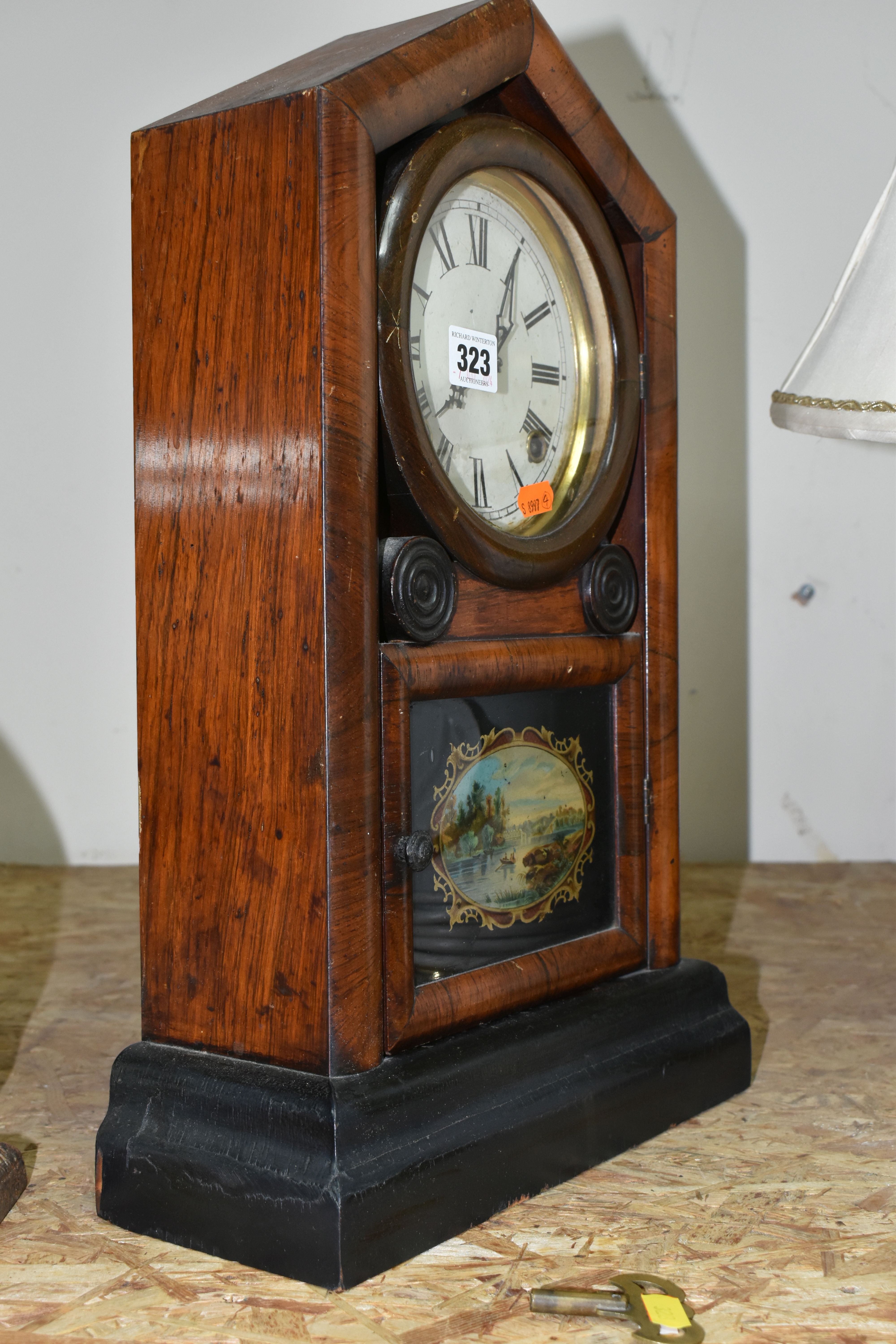 AN AMERICAN BRACKET CLOCK, veneered and painted case, printed with a vignette of a lakeside scene on - Image 4 of 6