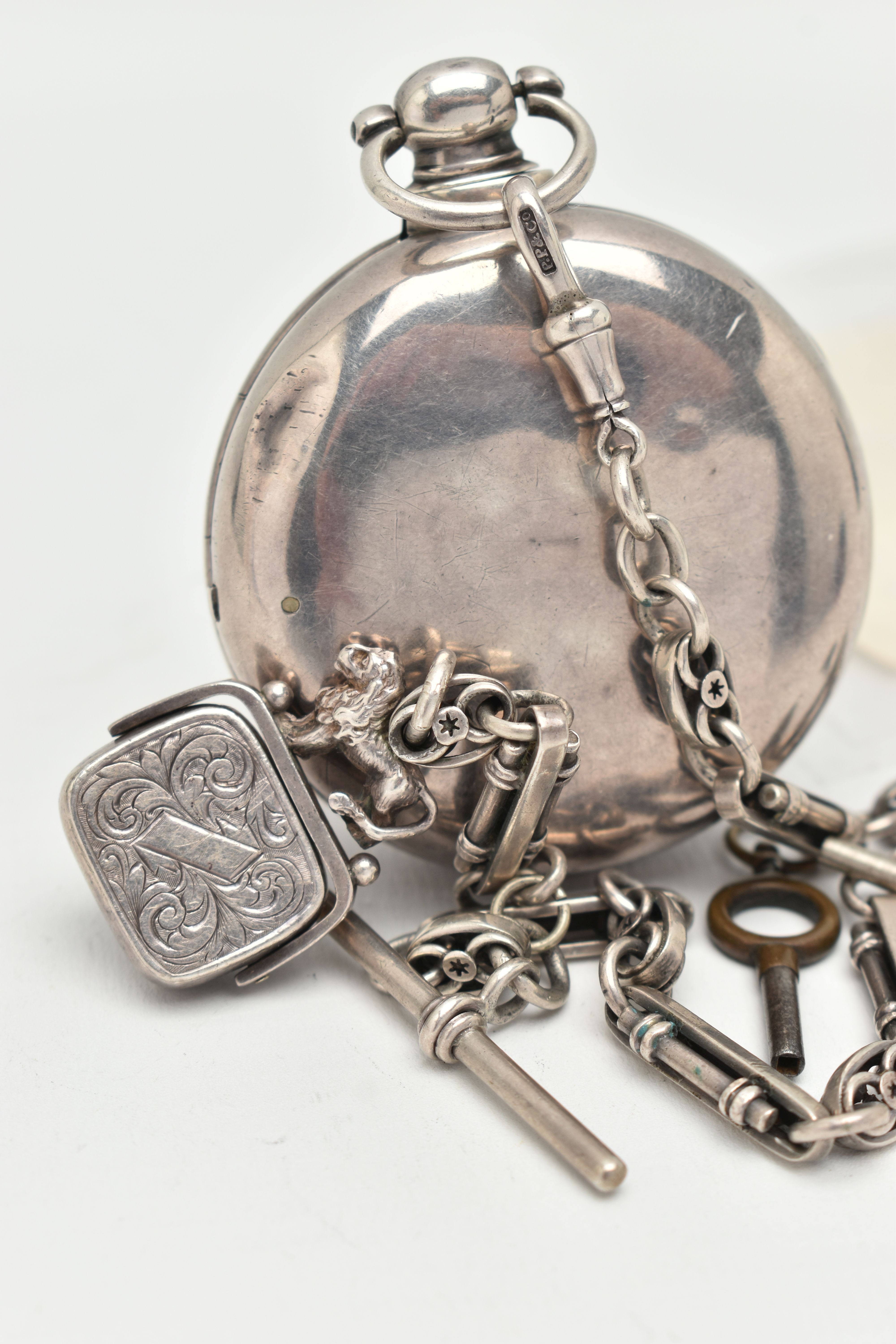 A GEORGE IV SILVER OPEN FACE PAIR CASE POCKET WATCH AND ALBERT CHAIN WITH FOB, key wound, round - Image 3 of 8
