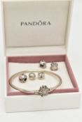 PANDORA' CHARMS AND BOX WITH BANGLE, to include six white metal charms, all stamped '925S ALE', with