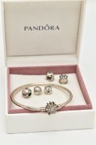 PANDORA' CHARMS AND BOX WITH BANGLE, to include six white metal charms, all stamped '925S ALE', with