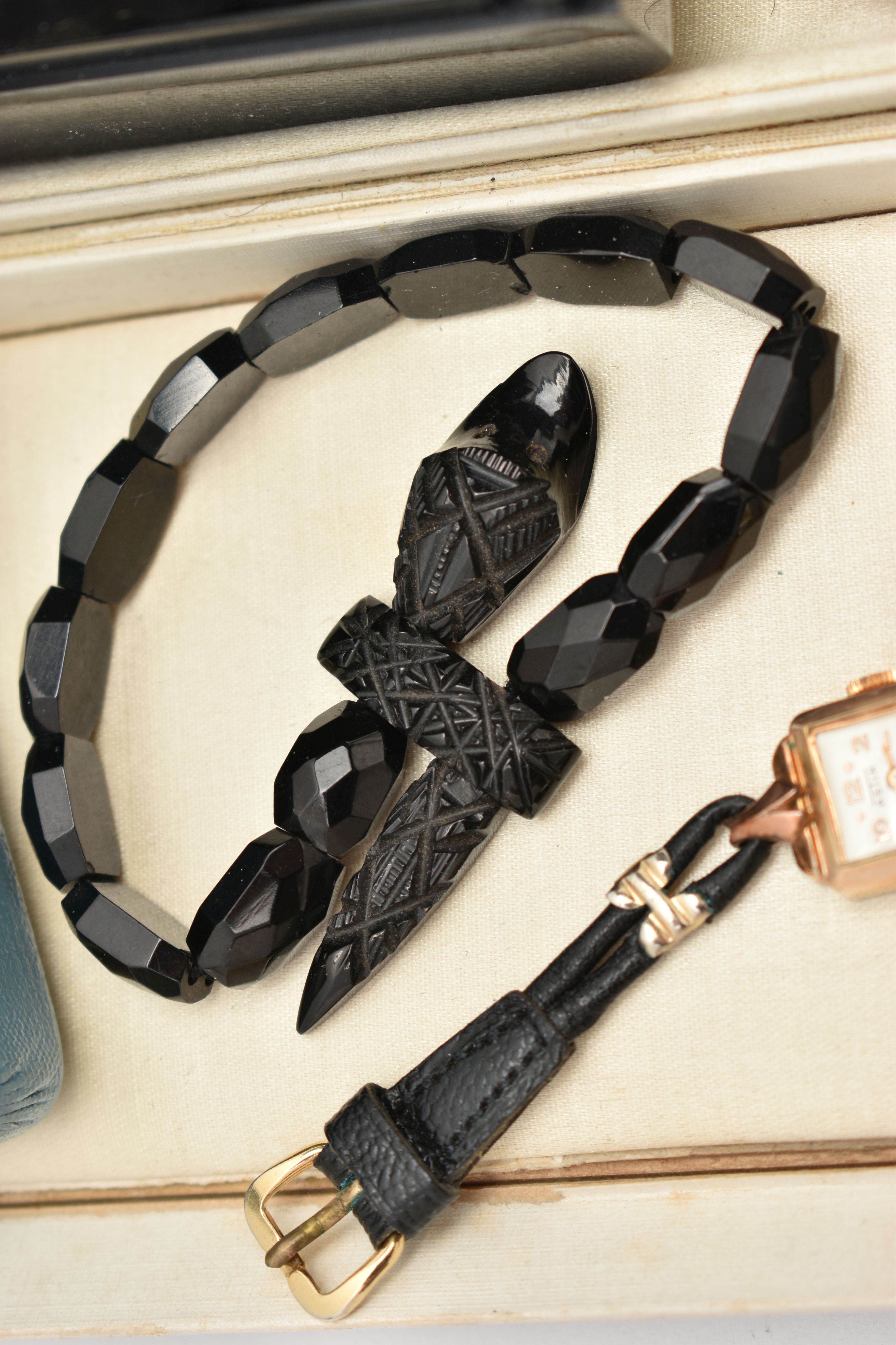 FOUR ITEMS, to include an elasticated jet snake bracelet, designed as faceted jet beads to the - Image 5 of 5