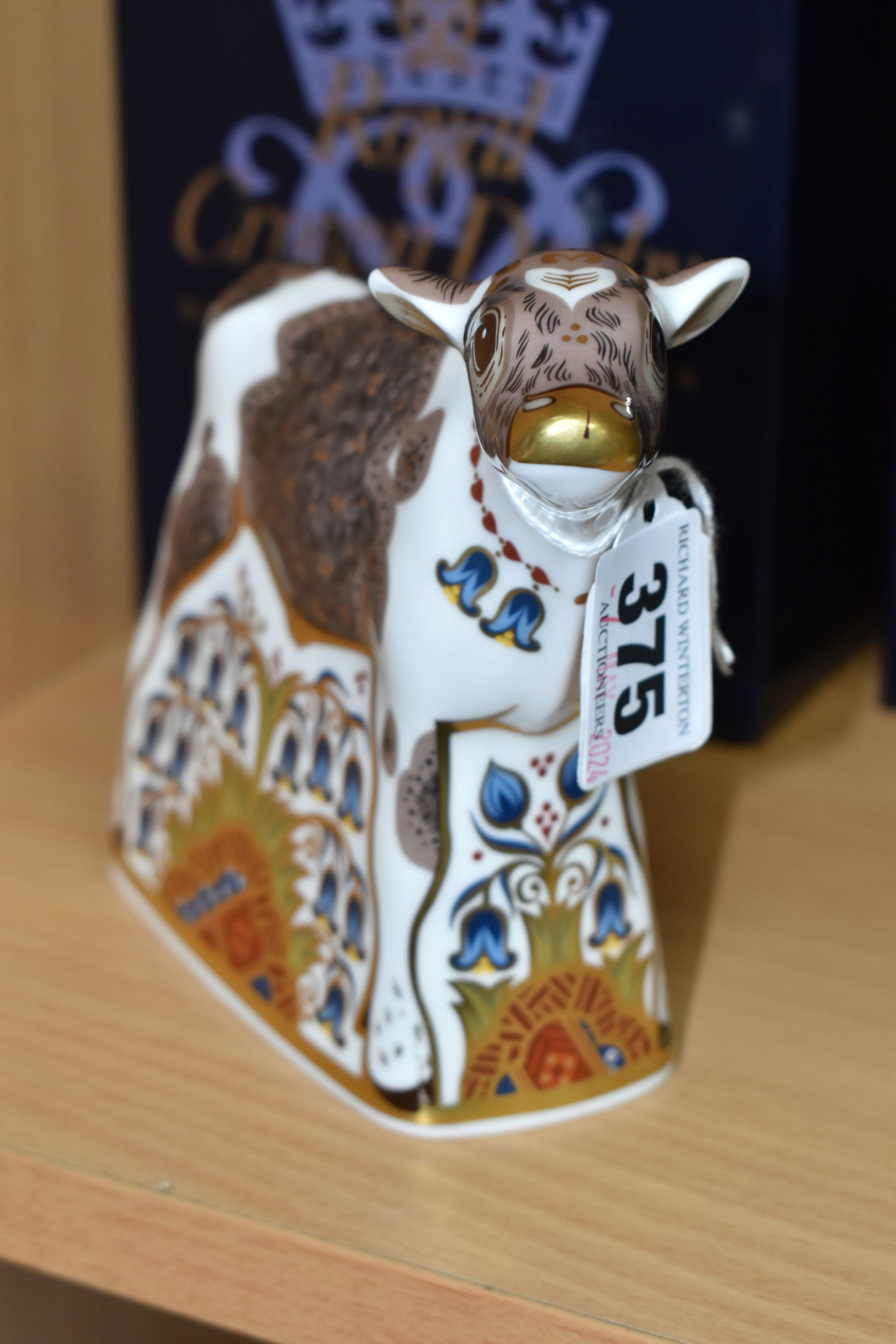 A BOXED ROYAL CROWN DERBY 'BLUEBELL CALF' PAPERWEIGHT, with gold stopper, red printed backstamp - Image 3 of 4