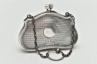 AN EARLY 20TH CENTURY SILVER PURSE, wavy outline, engine turned pattern with vacant cartouche,