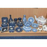 A GROUP OF WEDGWOOD JASPERWARE AND OTHER CERAMICS, comprising nineteen pieces of pale blue, navy