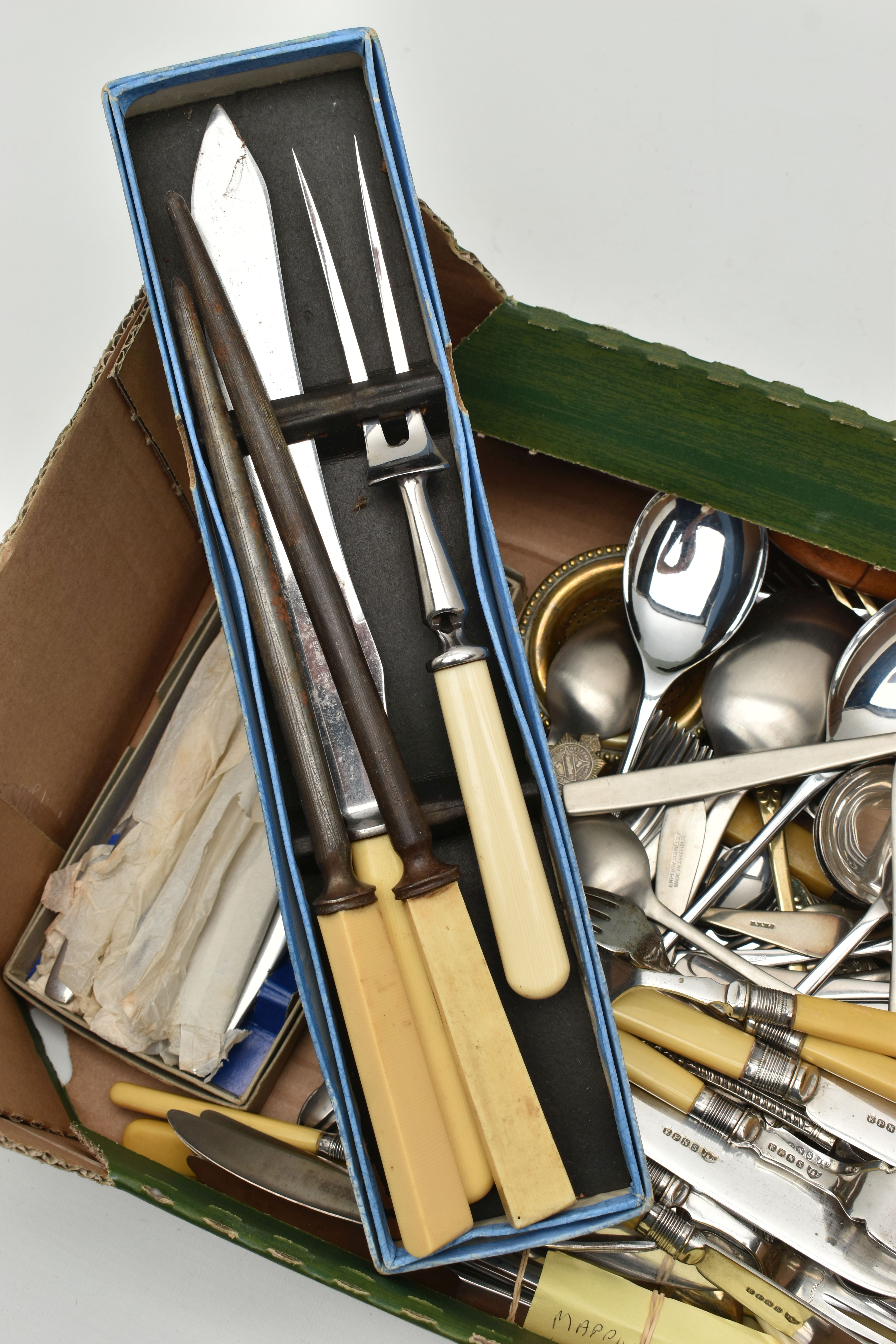 A BOX OF ASSORTED CUTLERY, to include a 'north Western Railway' tea spoon, stamped silver, - Image 2 of 2