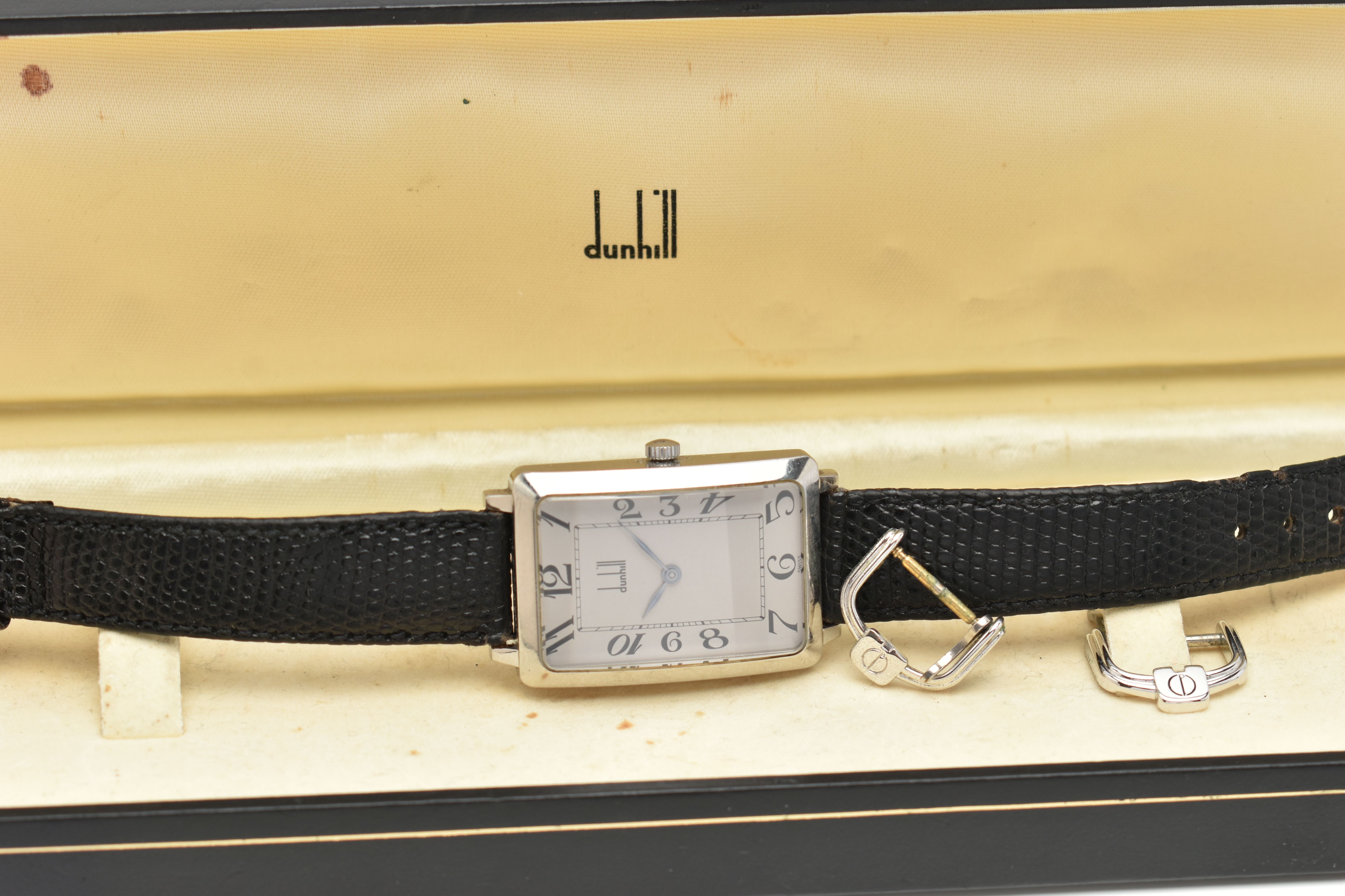 A BOXED GENTS 'DUNHILL' WRISTWATCH, silver rectangular dial signed 'Dunhill' Arabic numerals, blue - Image 4 of 6