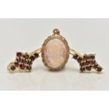 A 9CT GOLD CAMEO PENDANT AND A PAIR OF DROP EARRINGS, the oval carved shell cameo, depicting a