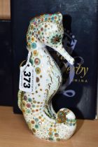 A BOXED ROYAL CROWN DERBY 'SPOT SEAHORSE' PAPERWEIGHT, with gold stopper, red printed backstamp