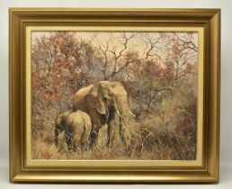 TED HOEFSLOOT (1930-2013) 'MOTHER AND CHILD', an African Elephant and her calf in an African