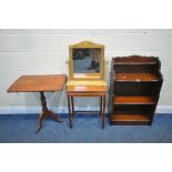 A 20TH CENTURY OAK OPEN BOOKCASE, width 63cm x depth 29cm x height 102cm, an oriental style