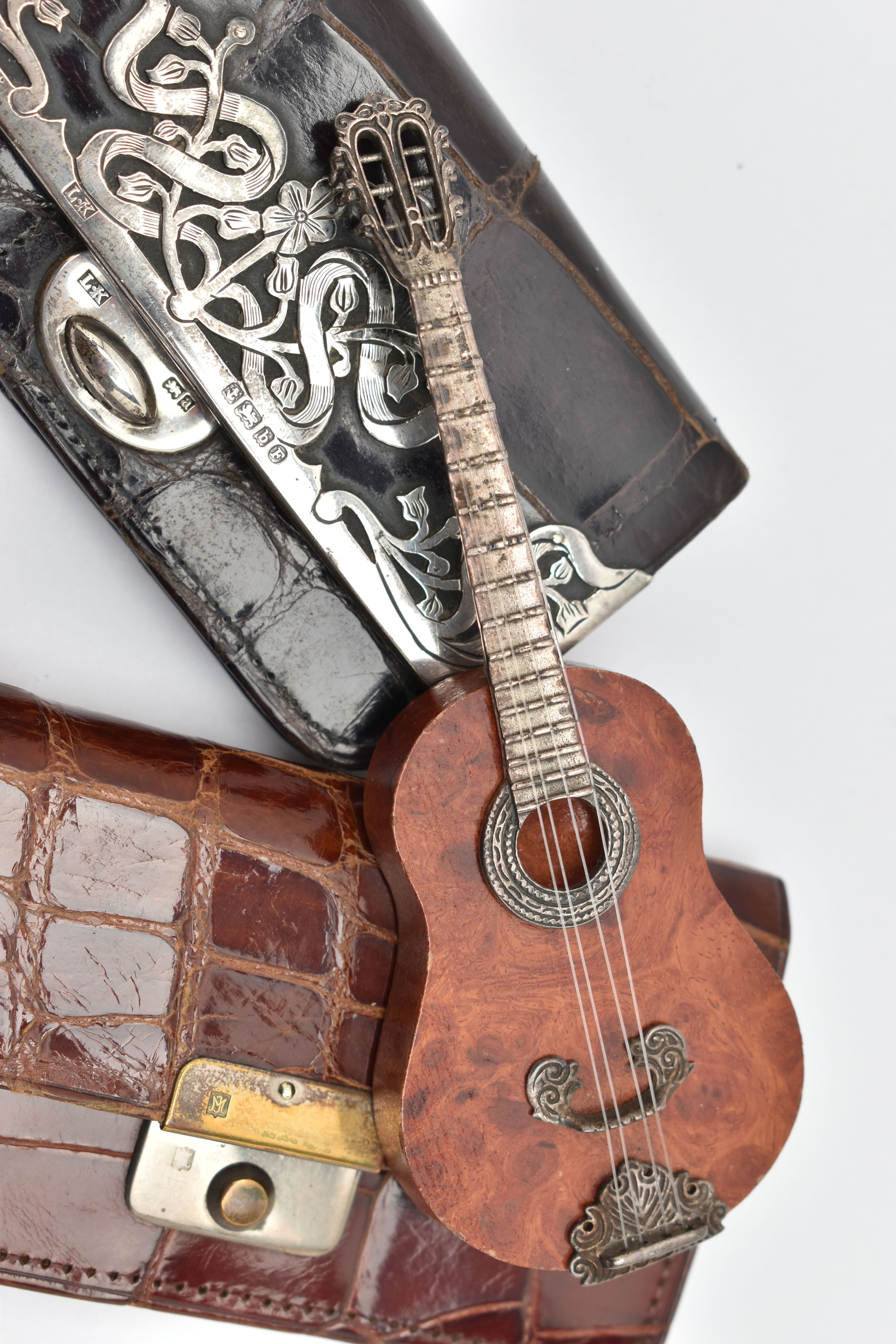 TWO SILVER MOUNTED PURSES AND A MINITURE GUITAR, the first a black croc purse with floral silver - Image 5 of 6