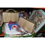 ONE BOX OF VINTAGE HANDKERCHIEFS, EMBROIDERY KITS, AND SNAKE SKIN HANDBAGS, with a large