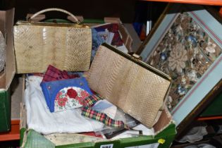 ONE BOX OF VINTAGE HANDKERCHIEFS, EMBROIDERY KITS, AND SNAKE SKIN HANDBAGS, with a large