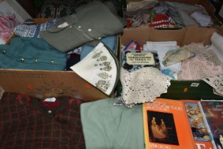 FOUR BOXES AND LOOSE LADIES' CLOTHING, TABLE LINEN AND NEEDLEWORK BOOKS ETC, clothing comprises