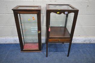 AN EARLY 20TH CENTURY MAHOGANY DISPLAY CABINET, the single door enclosing a glass shelf, above a