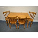 A BEECH KITCHEN TABLE, length 123cm x depth 77cm x height 75cm, and four chairs (condition report: