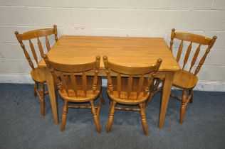 A BEECH KITCHEN TABLE, length 123cm x depth 77cm x height 75cm, and four chairs (condition report: