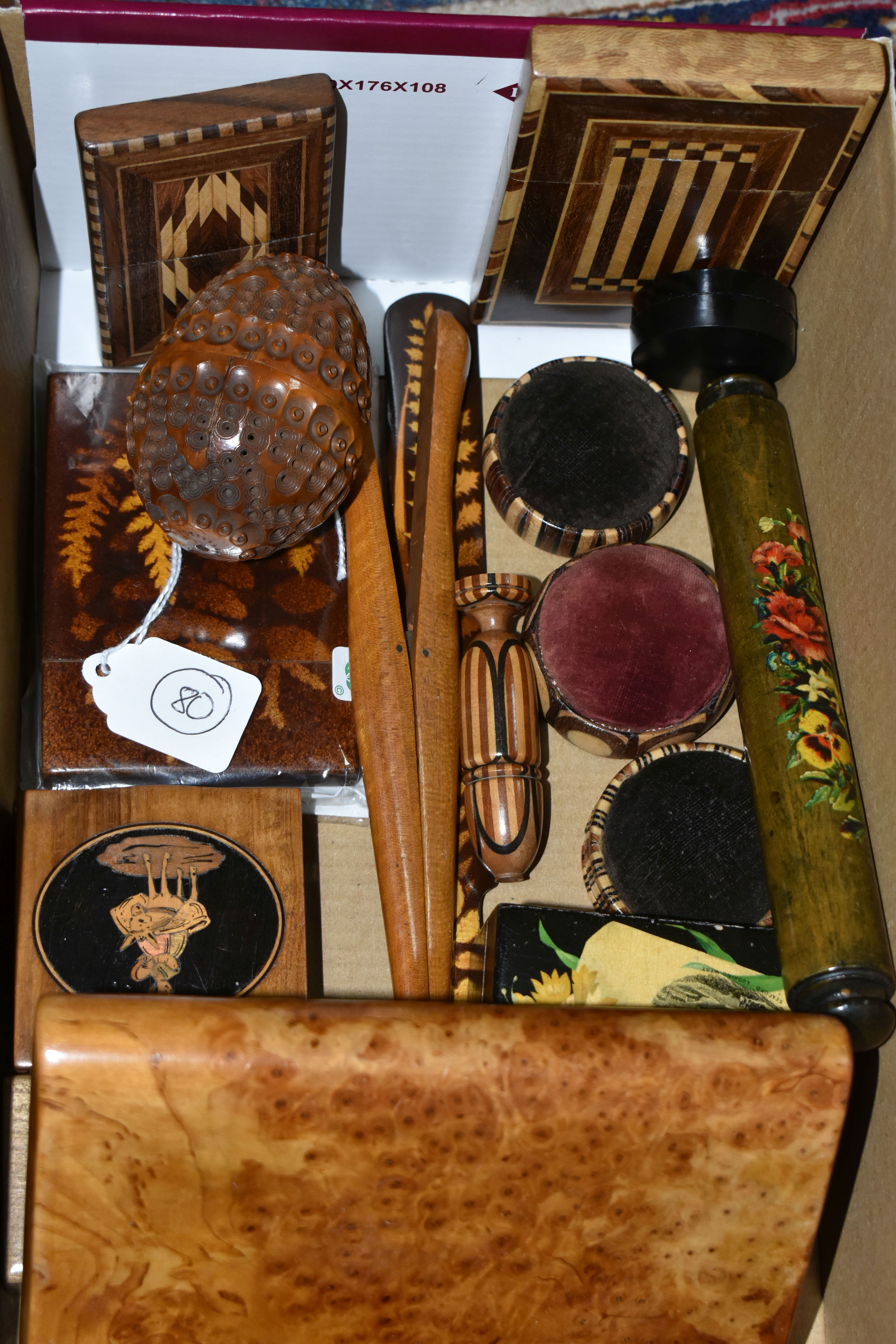 A BOX OF TREEN, to include a Coquilla nut sewing case (two small splits), pin cushions, three card - Image 4 of 4