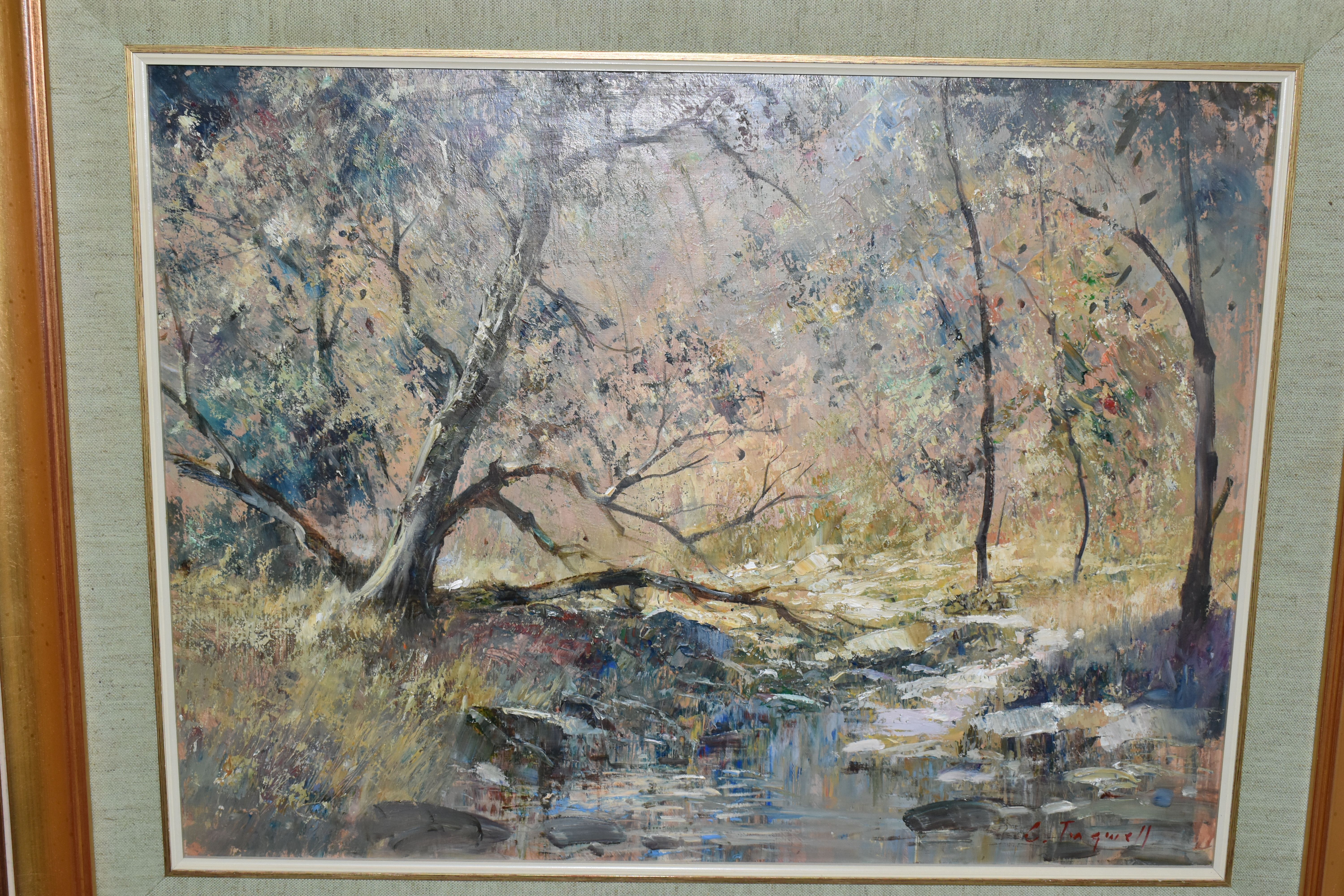 CHRISTOPHER TUGWELL (SOUTH AFRICA 1938-2021) AN IMPRESSIONST STYLE LANDSCAPE, a small stream cuts - Image 2 of 4