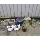 A SELECTION OF GARDEN ORNAMENTS AND PLANTERS including a pair of composite square planters with