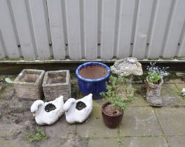 A SELECTION OF GARDEN ORNAMENTS AND PLANTERS including a pair of composite square planters with