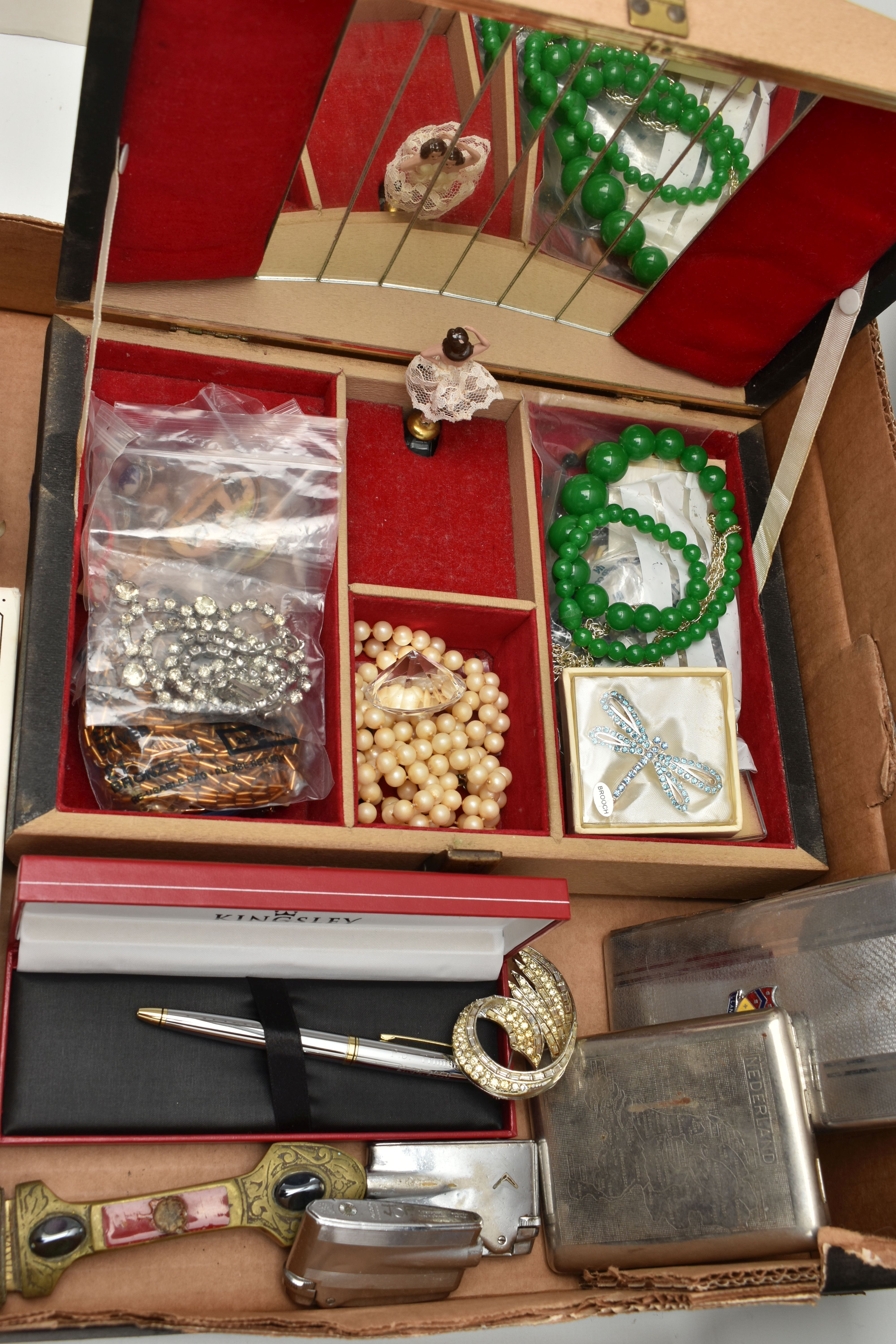 A BOX OF ASSORTED ITEMS, to include a wooden jewellery box with contents of costume jewellery, - Image 4 of 7