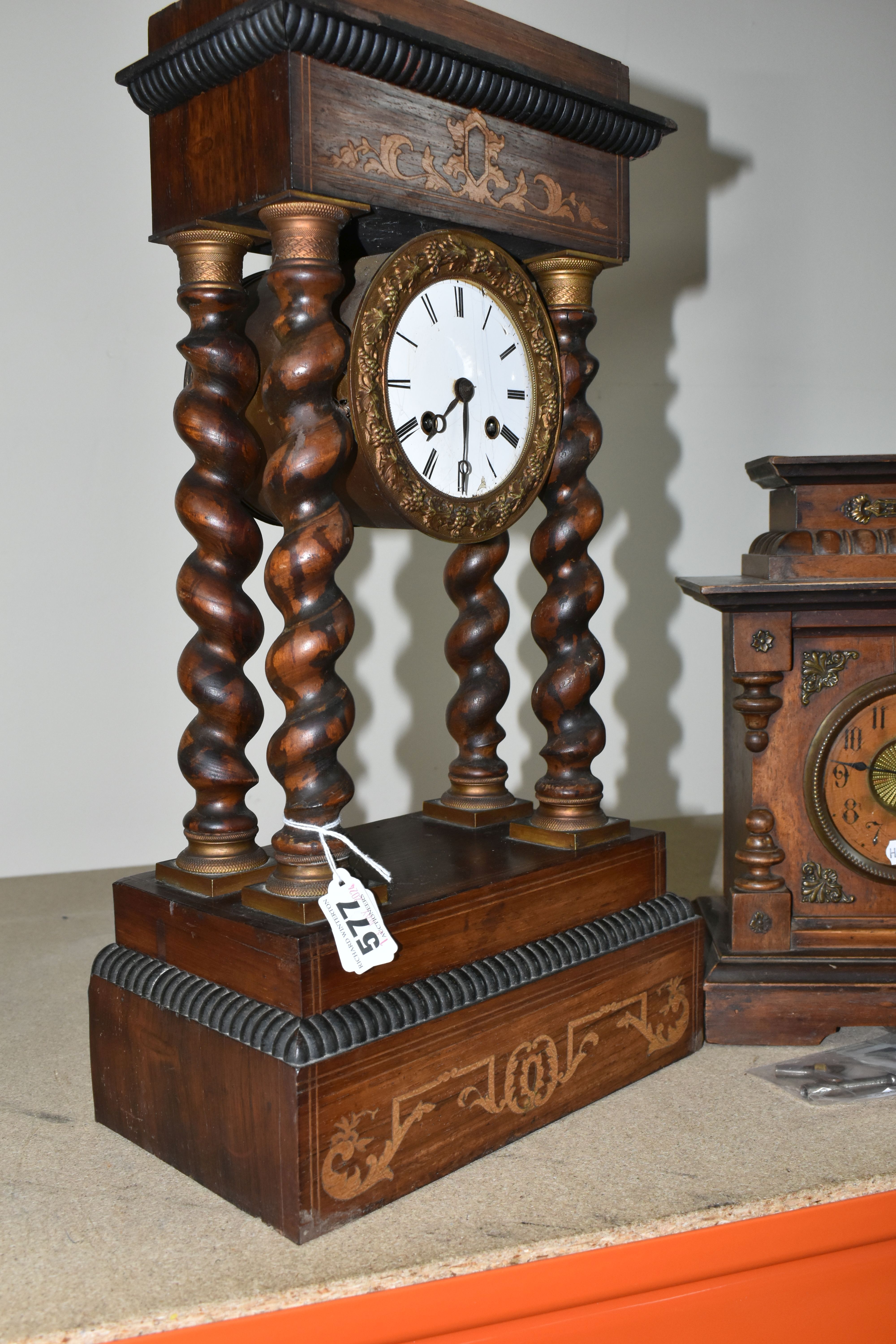 A TALL FRENCH PORTICO CLOCK TOGETHER WITH A GERMAN MUSICAL CLOCK, the French portico clock, has an - Bild 3 aus 9