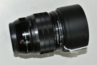 AN OLYMPUS 45MM F1.2 PRO LENS, complete with lens hood and lens caps, Condition Report: lens appears