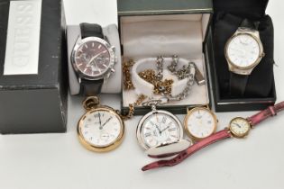 AN ASSORTMENT OF WATCHES, to include a ladies 'Gucci' quartz wristwatch, a gents 'Guess' chronograph