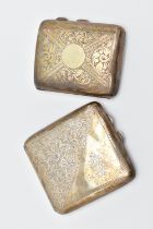 TWO SILVER CIGARETTE CASES, the first of a square form, foliage pattern with engraved cartouche,