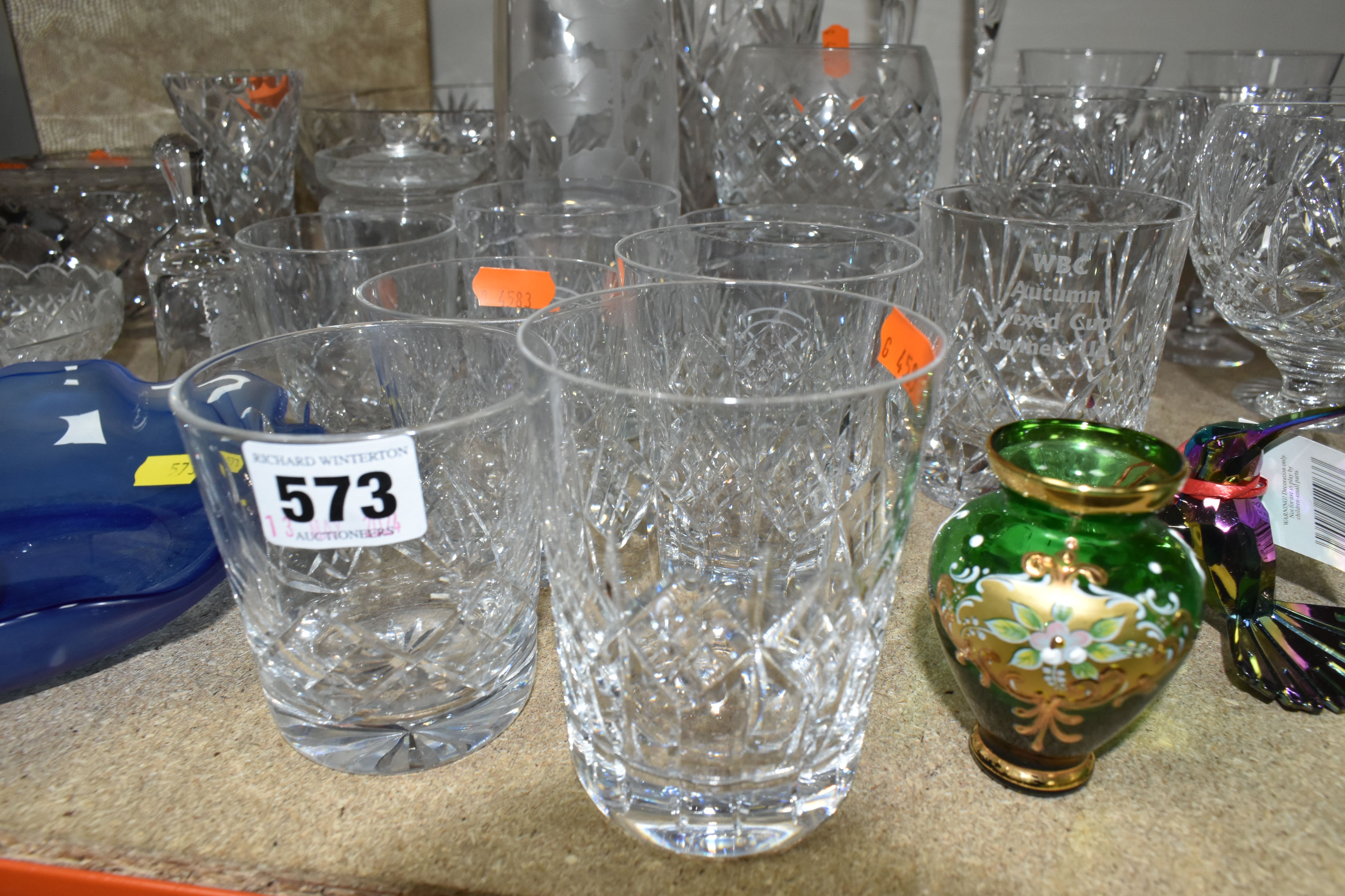 A GROUP OF CUT CRYSTAL AND GLASSWARE, comprising a boxed Waterford 'Marquis' design vase, a - Image 6 of 6