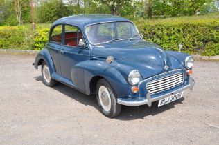 A 1970 MORRIS MINOR 1000 TWO DOOR SALOON CAR in blue with a 1098cc petrol engine, four speed
