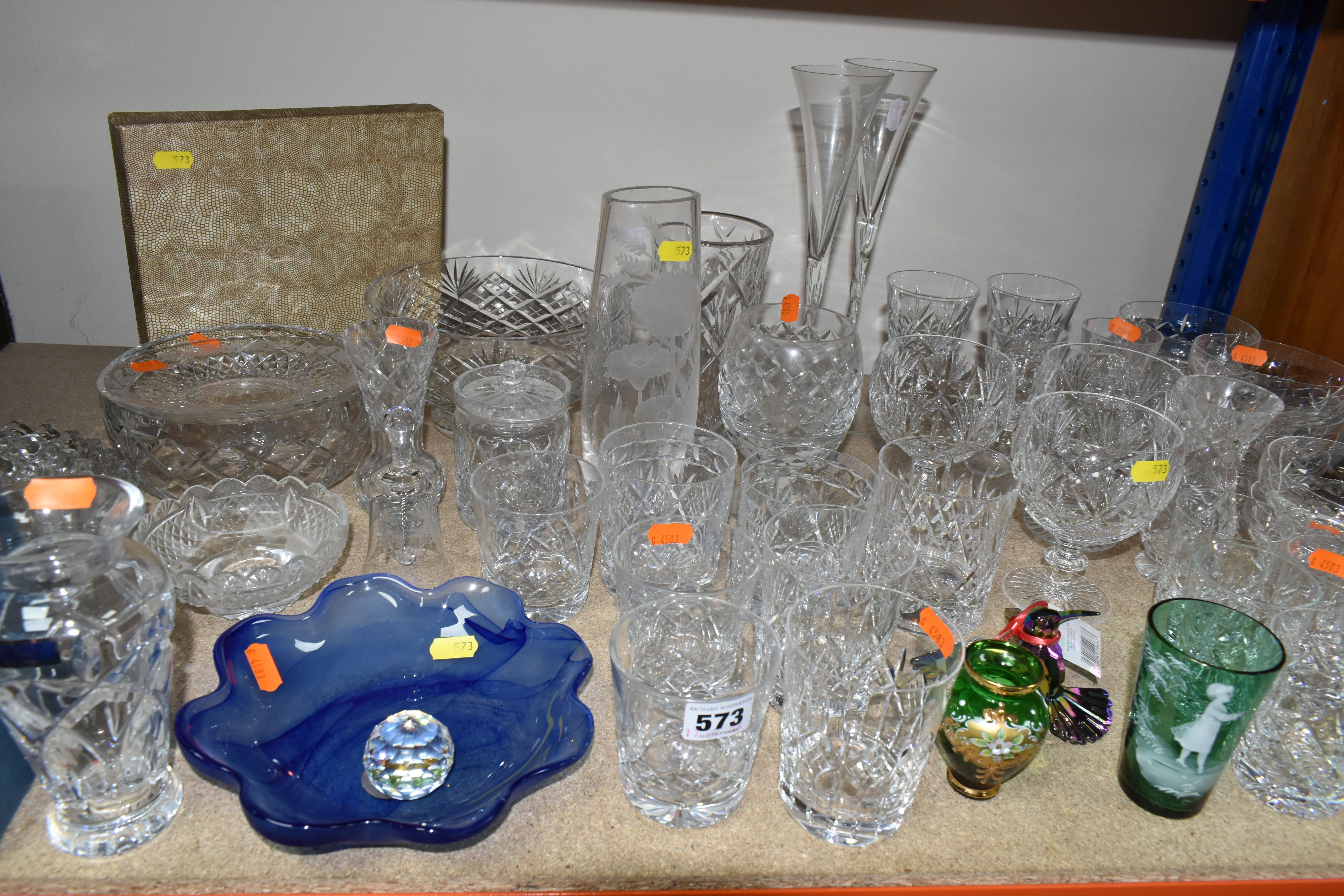 A GROUP OF CUT CRYSTAL AND GLASSWARE, comprising a boxed Waterford 'Marquis' design vase, a