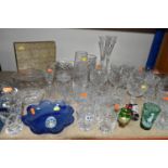 A GROUP OF CUT CRYSTAL AND GLASSWARE, comprising a boxed Waterford 'Marquis' design vase, a