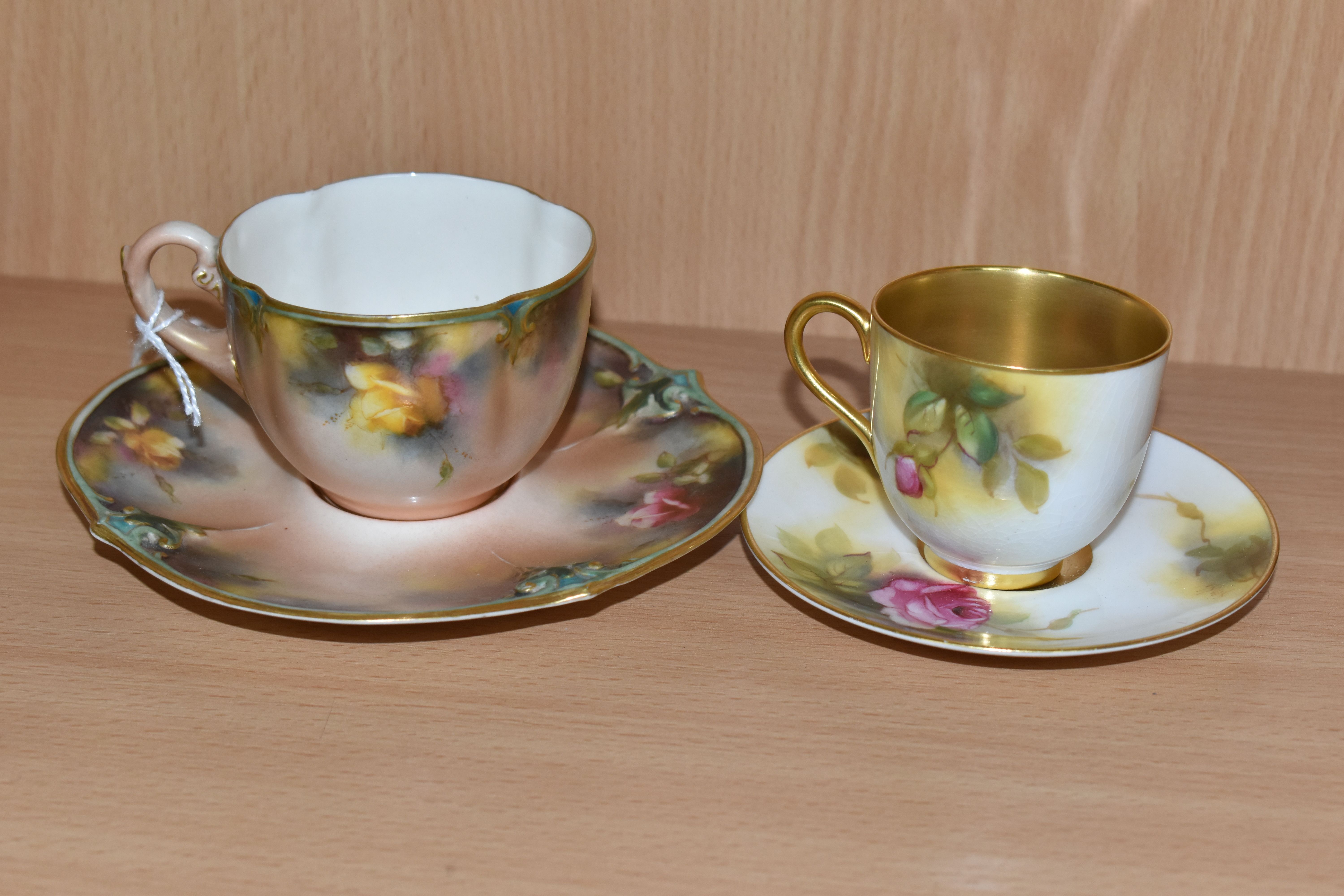 A ROYAL WORCESTER CABINET CUP AND SAUCER, WITH A JAMES HADLEY & SONS TEACUP AND SAUCER, comprising a - Image 3 of 7