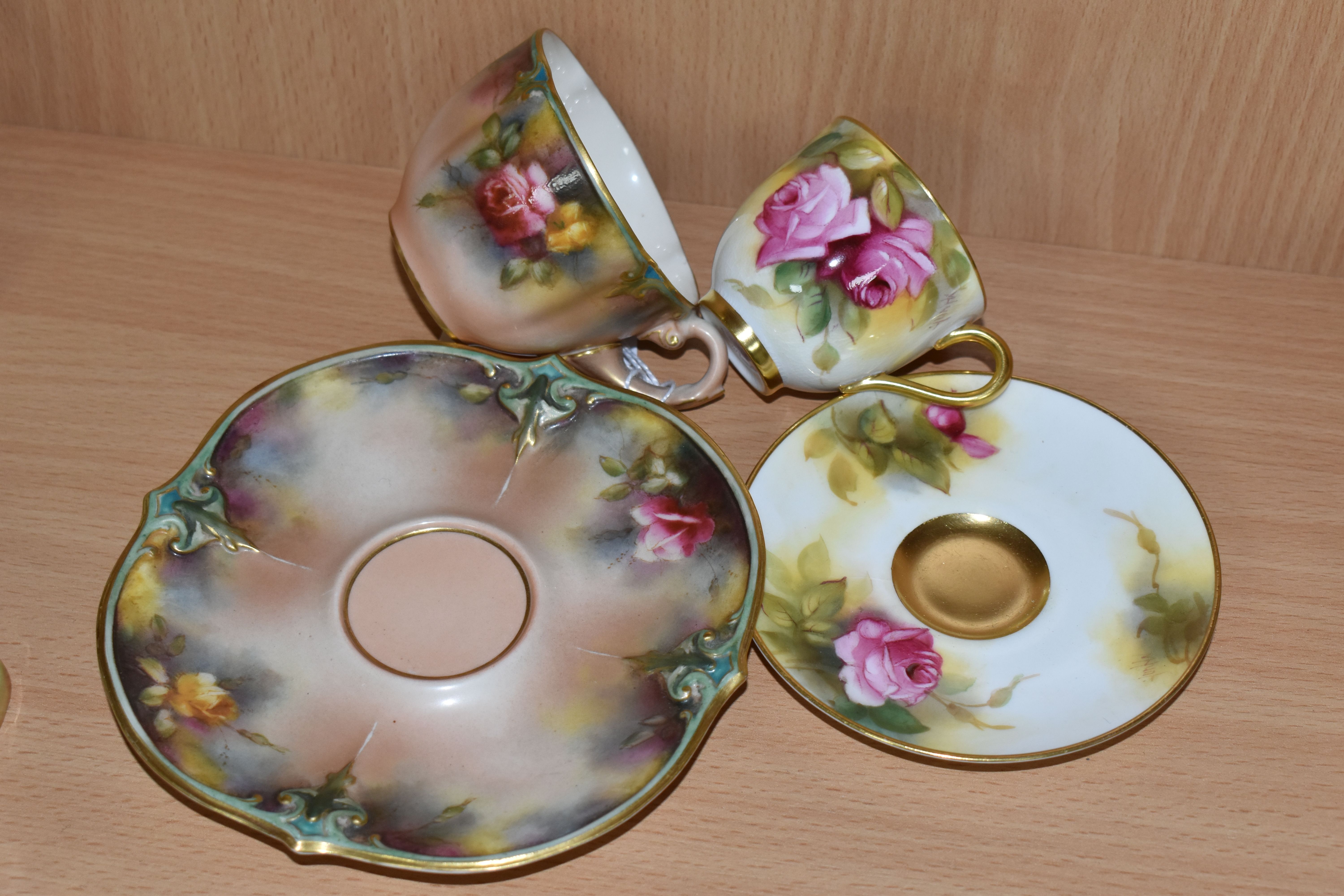 A ROYAL WORCESTER CABINET CUP AND SAUCER, WITH A JAMES HADLEY & SONS TEACUP AND SAUCER, comprising a - Image 6 of 7
