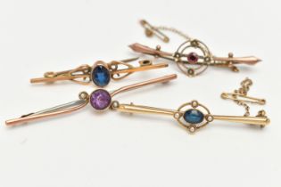 FOUR BAR BROOCHES, the first a yellow metal brooch set with a central oval cut blue sapphire in a