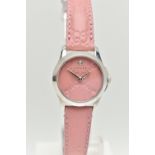 A 'GUCCI G TIMELESS' WRISTWATCH, quartz movement, round pink leather dial with embossed Gucci