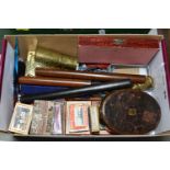 A BOX OF 19TH AND 20TH CENTURY WRITING RELATED ITEMS, including a Victorian oval leather and brass