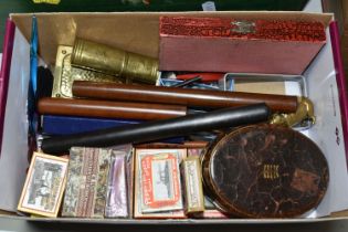 A BOX OF 19TH AND 20TH CENTURY WRITING RELATED ITEMS, including a Victorian oval leather and brass